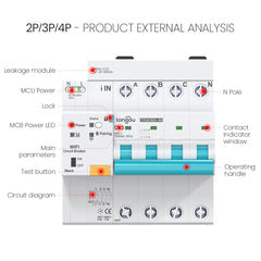 TOQCB2L-JWT Type A RCBO Tuya Wi-Fi Residual Current Circuit Breaker with Overcurrent Protection | Leakage Protection 30mA 2P 3P 4P 1-63A Adjustable | Remote Control Real-time Monitor Timing Modes TONGOU