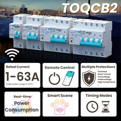 TOQCB2-JWT Tuya Wi-Fi DIN Rail MCB Mini Circuit Breaker | 1P 2P 3P 4P 1-63A Adjustable | with Remote Control, Power Monitor, Timing Modes, Circuit Protection Tuya/Smart Life APP TONGOU