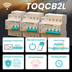 TOQCB2L-JWT Type A RCBO Tuya Wi-Fi Residual Current Circuit Breaker with Overcurrent Protection | Leakage Protection 30mA 2P 3P 4P 1-63A Adjustable | Remote Control Real-time Monitor Timing Modes TONGOU