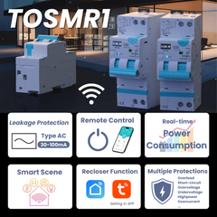 TOSMR1-JWT Tuya Wi-Fi Type AC RCBO Residual Current Circuit Breaker with Overcurrent Protection | Auto-reclosing, Remote Control, Real-time Monitor, Timing Modes | Leakage Protection 30-100mA, 1-20A/40A Adjustable TONGOU