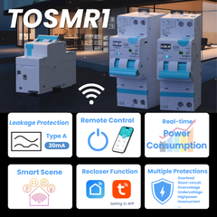 TOSMR1-JWT Type A 30mA Wi-Fi Smart RCBO Residual Current Circuit Breaker with Overcurrent Protection | Remote Control, Voice Control, Timing Modes, Power Monitor | Rated Current 1-20A/40A Adjustable 1P+N, Circuit Protection | Tuya/Smart Life APP TONGOU