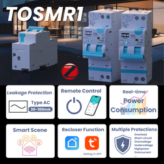 TOSMR1-JZT Zigbee 3.0 Type AC Tuya Smart RCBO Residual Current Circuit Breaker with Overcurrent Protection | Rated Current 20A/40A, Leakage Protection 30-100mA 1P+N | Remote Control, Real-time Power Consumption, Auto-reclosing | Tuya/Smart Life APP TONGOU