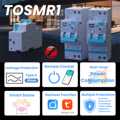 TOSMR1-JZT Zigbee Type A Smart RCBO 1P+N Residual Current Circuit Breaker with Overcurrent Protection | Auto-reclosing Function, Remote Control, Real-time Power Monitor, Timing Modes | Leakage Protection 30mA, Rated Current 40A Tuya/Smart Life APP TONGOU