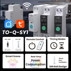 TO-Q-SY1-JWT/WT Tuya Wi-Fi DIN Rail Smart Relay Switch | 1P+N AC 90-240V 6-63A | with Remote Control, Power Monitor, Timer, Voice Control Tuya/Smart Life APPTONGOU