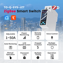 TO-Q-SYS-JZT Zigbee Version Tuya DIN Rail Smart Meter | 1-50A Adjustable, 1P+N | with Real-time Power Consumption, Remote Control, Prepaid Function, Timing modes, Data Download Tuya/Smart Life APP TONGOU