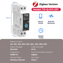 TO-Q-SY1-JZT/ZT DIY Zigbee2MQTT DIN Rail Smart Relay Switch | 1P+N AC 90-240V, Rated Current 6-63A | with Remote Control, Power Monitor, Circuit Protection, Timer, Voice Control Tuya/Smart Life APP TONGOU