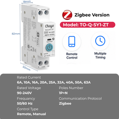 TO-Q-SY1-JZT/ZT DIY Zigbee2MQTT DIN Rail Smart Relay Switch | 1P+N AC 90-240V, Rated Current 6-63A | with Remote Control, Power Monitor, Circuit Protection, Timer, Voice Control Tuya/Smart Life APP TONGOU