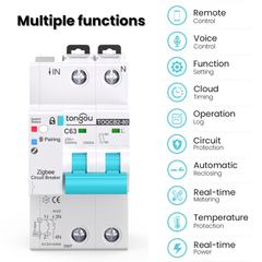 TOQCB2-JZT Zigbee Mini Circuit Breaker Tuya DIN Rail MCB | 1P 2P 3P 4P 1-63A Adjustable | Remote Control Real-time Power Consumption Circuit Protection Timing Modes Smart Home TONGOU