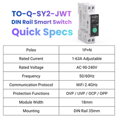 TO-Q-SY2-JWT Tuya Wi-Fi DIN-Rail Smart Relay Switch | 1–63A Adjustable, 90-240V, 1P+N | With Metering, Remote Control CE/RoHs Certficate TONGOU