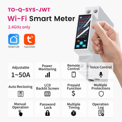TO-Q-SYS-JWT DIN Rail Wi-Fi Smart Electrical Meter wich LCD Screen Display | 1P+N, Rated Current 1-50A Adjustable | with Remote Control, Power Monitor, Prepaid, Auto Recloser Tuya/Smart Life APP TONGOU